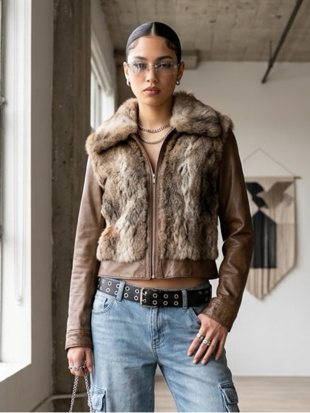 Vintage Y2K Pegabo Brown Leather Rabbit Fur Jacket - Medium